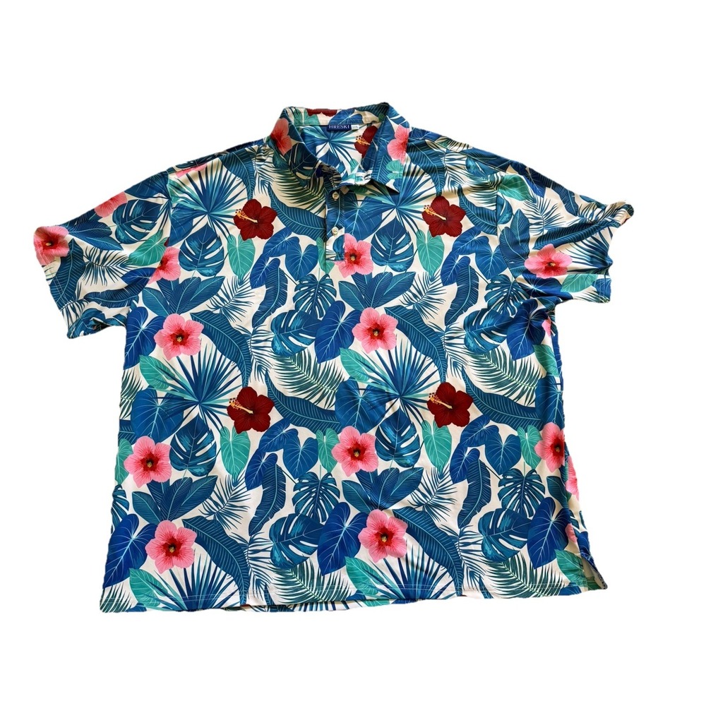 Hreski Golf Polo Shirt Teal Palm Leaf And Hibiscus Tropical Pattern Size 3XL